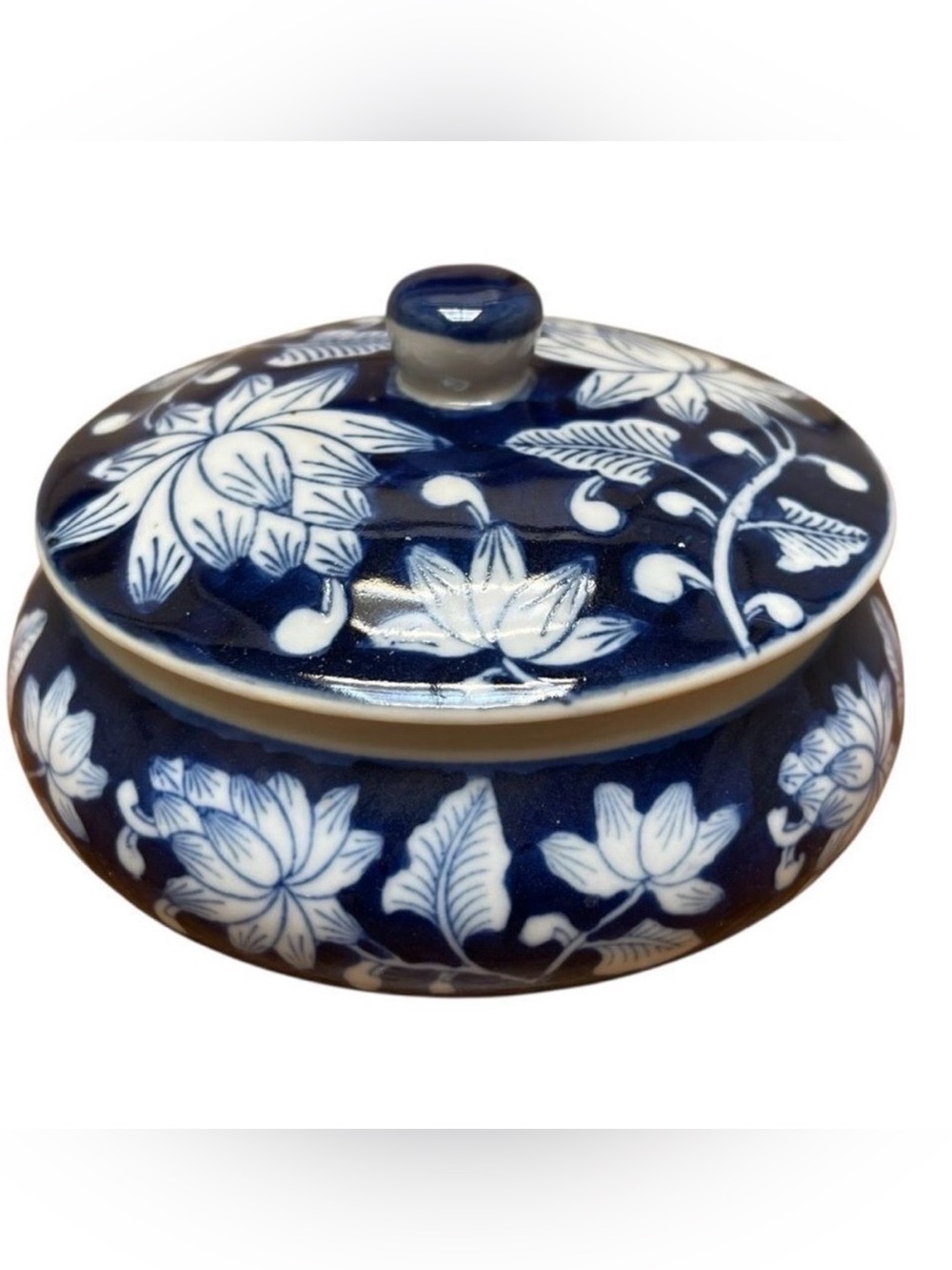 Vintage Small Blue and White Floral Ceramic Dish Trinket Jar
